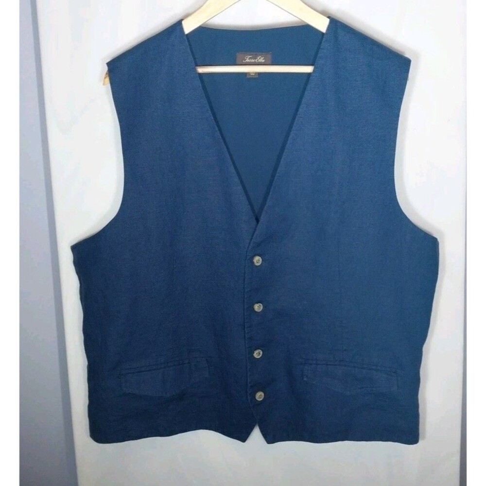 Tasso Elba Men's Linen Suit Vest XXL Blue Button Front Adjustable Back Waistcoat